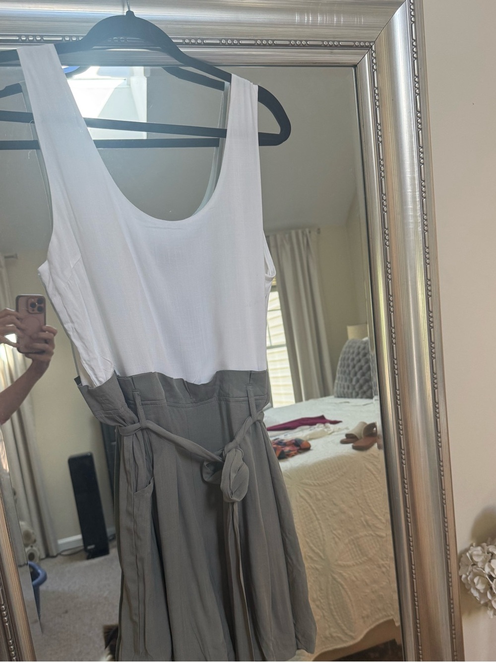 Sleeveless White & Olive Tie-Waist Jumpsuit